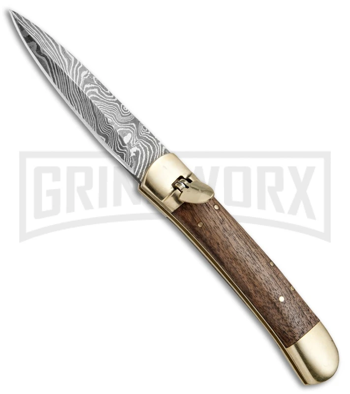 9" Damascus Leverlock Dark Wood Automatic Knife - Dagger Damascus Plain 1 9" Damascus Leverlock Dark Wood Automatic Knife - Dagger Damascus Plain
