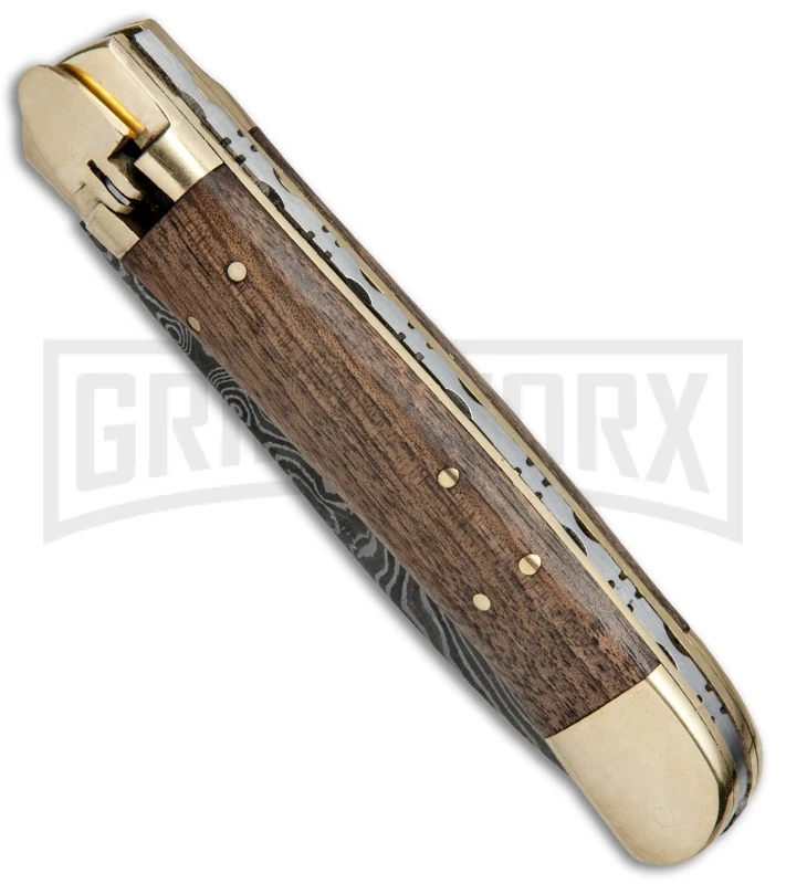 9" Damascus Leverlock Dark Wood Automatic Knife - Dagger Damascus Plain 2 9" Damascus Leverlock Dark Wood Automatic Knife - Dagger Damascus Plain - Image 2