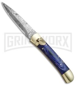 9" Damascus Leverlock Blue Wood Automatic Knife - Dagger Damascus Plain