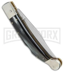 AGA Campolin Sahara Dark Horn Italian Stiletto Automatic Knife - Mirror Plain -Buck Knives Sales Store AGA Campolin 9in Shara Italian Stiletto LB Dark Horn Mirror BHQ 74050 jr side large