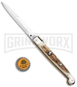 A.G.A. Campolin 9" Sicilian Stag Picklock Auto Sillito Knife - Bayonet -Buck Knives Sales Store AGA Campolin 9in Sicilian Picklock Auto Stag Horn Satin Bayo BHQ 81940 jr bottlecap large