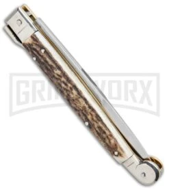 A.G.A. Campolin 9" Sicilian Stag Picklock Auto Sillito Knife - Bayonet -Buck Knives Sales Store AGA Campolin 9in Sicilian Picklock Auto Stag Horn Satin Bayo BHQ 81940 jr side large