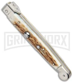A.G.A. Campolin 9" Sicilian Stag Picklock Auto Sillito Knife - Bayonet -Buck Knives Sales Store AGA Campolin 9in Sicilian Picklock Auto Stag Horn Satin Bayo BHQ 81940 jr spine large