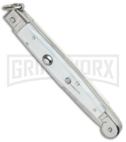 A.G.A. Campolin 9" Sicilian Ring Pull White Pearlex Automatic Knife - Bayonet -Buck Knives Sales Store AGA Campolin 9in Sicilian White Pearlex Ring Pull Bayo BP 19445 jr spine large