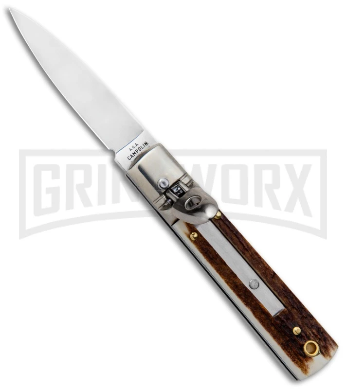 AGA 6" Mini Classic Lever Lock Stag Automatic Knife - Satin Plain 1 AGA 6" Mini Classic Lever Lock Stag Automatic Knife - Satin Plain