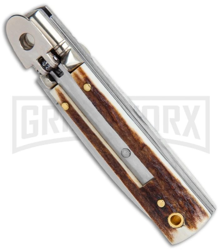 AGA 6" Mini Classic Lever Lock Stag Automatic Knife - Satin Plain 2 AGA 6" Mini Classic Lever Lock Stag Automatic Knife - Satin Plain - Image 2