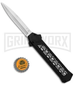 AKC F-16 Skulls D/A OTF Automatic Knife - Bayo Satin Plain -Buck Knives Sales Store AKC F 16 DA Bayo OTF Auto Skulls Satin BHQ 84593 jr bottlecap large