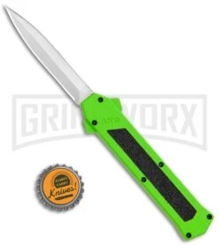 AKC F-16 Neon Green D/A OTF Automatic Knife - Dagger Satin Plain -Buck Knives Sales Store AKC F 16 DA Dagger OTF Auto Neon Green Satin BHQ 113380 jr bottlecap large