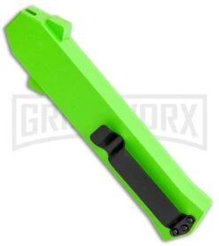 AKC F-16 Neon Green D/A OTF Automatic Knife - Dagger Satin Plain -Buck Knives Sales Store AKC F 16 DA Dagger OTF Auto Neon Green Satin BHQ 113380 jr side large