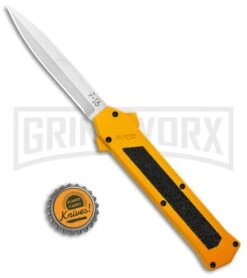 AKC F-16 Yellow D/A OTF Automatic Knife - Bayonet Satin Plain -Buck Knives Sales Store AKC F 16 Yellow DA OTF Auto Bayo Satin GX 37617 jr bottlecap large