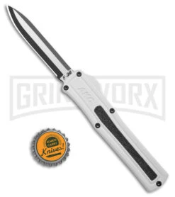 AKC F-20 White Aluminum D/A Drop Point OTF Automatic Knife - Two Tone Plain -Buck Knives Sales Store AKC F 20 DA DP OTF Auto White Aluminum TT BHQ 179282 jr bottlecap large