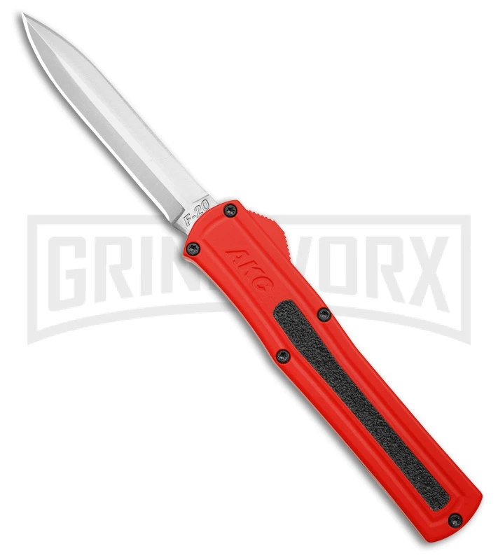 AKC F-20 Red Aluminum DBL Dagger OTF Automatic Knife - Satin Plain 1 AKC F-20 Red Aluminum DBL Dagger OTF Automatic Knife - Satin Plain