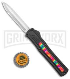AKC F-20 Black W/ Tie Dye Inlay D/A OTF Automatic Knife - Satin Plain -Buck Knives Sales Store AKC F 20 DA SP OTF Auto Black Tie Dye Inlay Satin BHQ 152893 jr bottlecap large