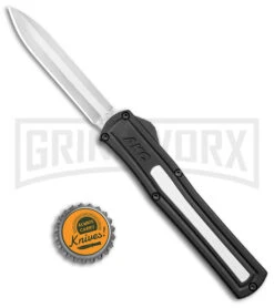 AKC F-20 Black W/ White Inlay D/A OTF Automatic Knife - Satin Plain -Buck Knives Sales Store AKC F 20 DA SP OTF Auto Black White Inlay Satin BHQ 152917 jr bottlecap large