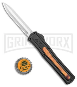 AKC F-20 Black W/ Wood Inlay D/A OTF Automatic Knife - Satin Plain -Buck Knives Sales Store AKC F 20 DA SP OTF Auto Black Wood Inlay Satin BHQ 152445 jr bottlecap large