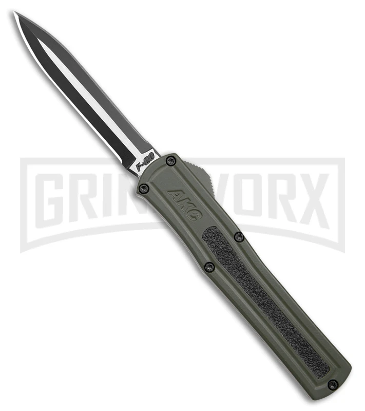 AKC F-20 OD Green Aluminum Dagger OTF Automatic Knife - 2-Tone Black Plain 1 AKC F-20 OD Green Aluminum Dagger OTF Automatic Knife - 2-Tone Black Plain
