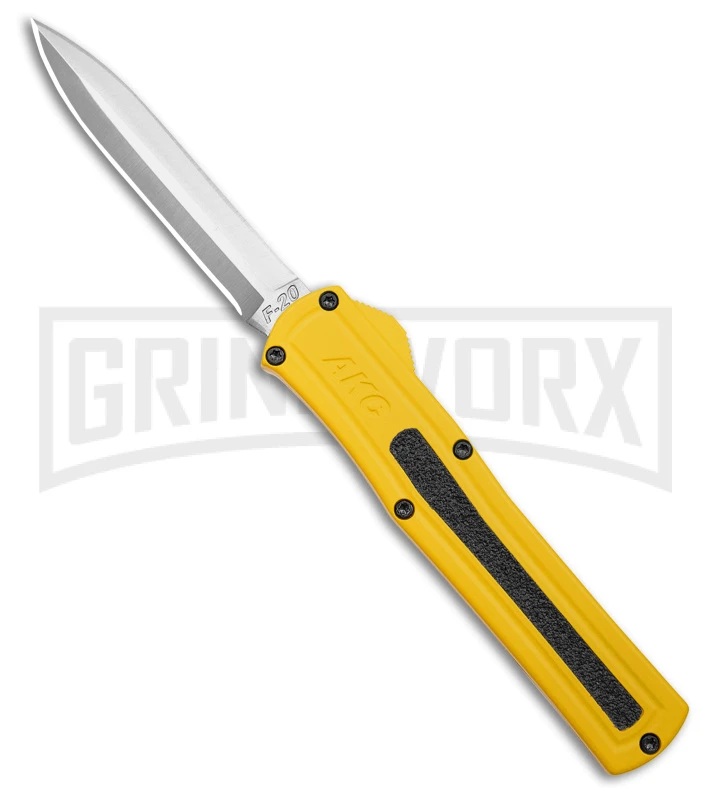 AKC F-20 D/A Dagger Yellow Aluminum OTF Automatic Knife - Satin Plain 1 AKC F-20 D/A Dagger Yellow Aluminum OTF Automatic Knife - Satin Plain