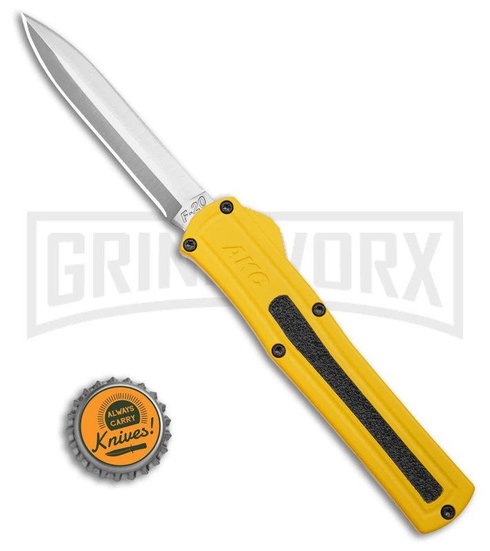 AKC F-20 D/A Dagger Yellow Aluminum OTF Automatic Knife - Satin Plain 4 AKC F-20 D/A Dagger Yellow Aluminum OTF Automatic Knife - Satin Plain - Image 4