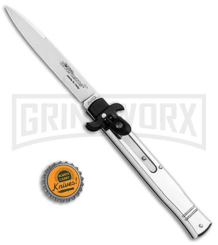 AKC 9" Tactical Leverletto Polished Silver Automatic Knife - Satin Flat Grind 4 AKC 9" Tactical Leverletto Polished Silver Automatic Knife - Satin Flat Grind - Image 4