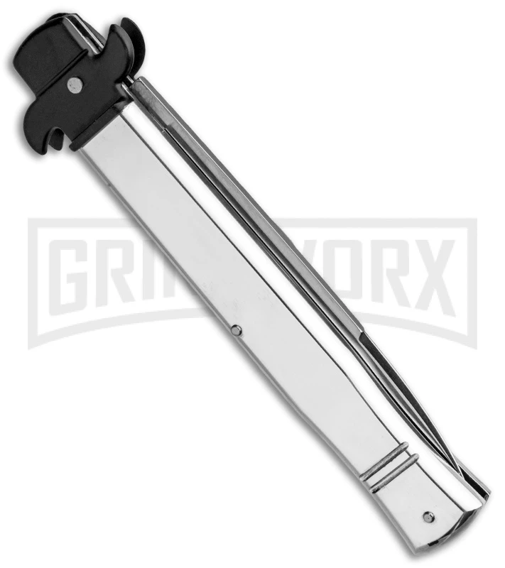 AKC 9" Tactical Leverletto Polished Silver Automatic Knife - Satin Flat Grind 3 AKC 9" Tactical Leverletto Polished Silver Automatic Knife - Satin Flat Grind - Image 3