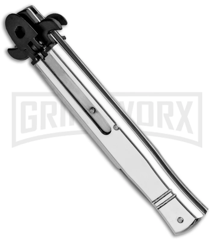 AKC 9" Tactical Leverletto Polished Silver Automatic Knife - Satin Flat Grind 2 AKC 9" Tactical Leverletto Polished Silver Automatic Knife - Satin Flat Grind - Image 2