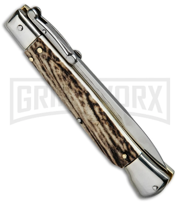 AKC 9" Italian Stiletto Swinguard Stag Horn Automatic Knife - Bayonet 3 AKC 9" Italian Stiletto Swinguard Stag Horn Automatic Knife - Bayonet - Image 3