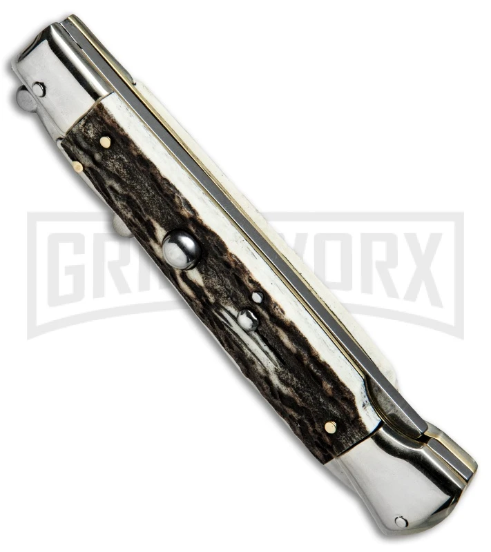 AKC 9" Italian Stiletto Swinguard Stag Horn Automatic Knife - Bayonet 2 AKC 9" Italian Stiletto Swinguard Stag Horn Automatic Knife - Bayonet - Image 2