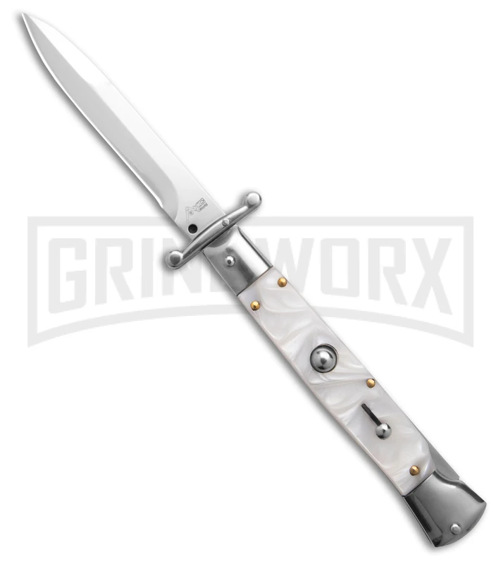 AKC 9" Italian Stiletto Swinguard White Pearlex Automatic Knife W/Box - Polish 1 AKC 9" Italian Stiletto Swinguard White Pearlex Automatic Knife W/Box - Polish