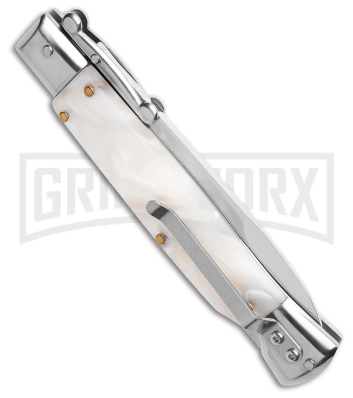 AKC 9" Italian Stiletto Swinguard White Pearlex Automatic Knife W/Box - Polish 3 AKC 9" Italian Stiletto Swinguard White Pearlex Automatic Knife W/Box - Polish - Image 3