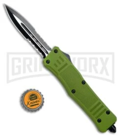 Atomic Defender Large OTF Automatic Knife OD Green - Serr Two Tone Dagger -Buck Knives Sales Store Atomic Defender Dagger OD Green OTF Black Serr DFODDS BP 22455 jr bottlecap large