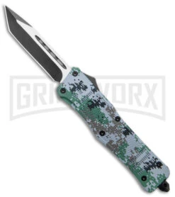 Atomic Defender Large Gray Digi Camo OTF Auto Knife - Tanto Two Tone Plain