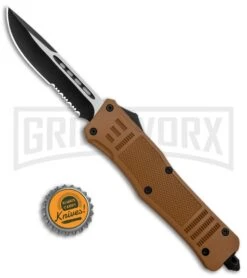 Atomic Defender Large OTF Automatic Knife Sand Brown - Two Tone Serr Drop Point -Buck Knives Sales Store Atomic Defender Large OTF Auto Sand Brown TT Serr DP GX 37209 jr bottlecap large