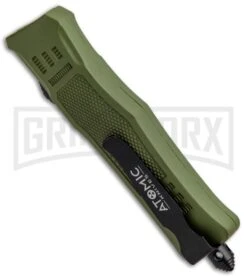 Atomic Defender Mini OTF Automatic Knife Dark Green - Two Tone Dagger -Buck Knives Sales Store Atomic Mini Defender Green OTF Auto Black Dagger Plain GX 32297 jr side large
