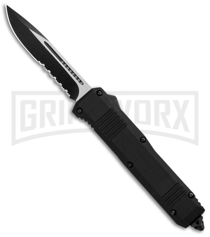 Atomic Shield Large Drop Point Black OTF Automatic Knife - Two Tone Serrated 1 Atomic Shield Large Drop Point Black OTF Automatic Knife - Two Tone Serrated