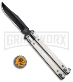 Bear And Son White Smooth Bone Balisong Butterfly Knife - Black Plain -Buck Knives Sales Store Bear Butterfly Knife White Smooth Bone Handle Black WSB17 BHQ 14380 jr bottlecap large