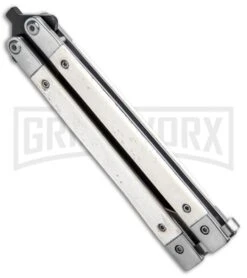 Bear And Son White Smooth Bone Balisong Butterfly Knife - Black Plain -Buck Knives Sales Store Bear Butterfly Knife White Smooth Bone Handle Black WSB17 BHQ 14380 jr side large
