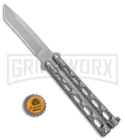 Bear & Son Knives 114A Large Silver Balisong Butterfly Knife - Blasted Tanto -Buck Knives Sales Store Bear Butterfly Tanto Large Silver Vein BB BHQ 0663 jr bottlecap large