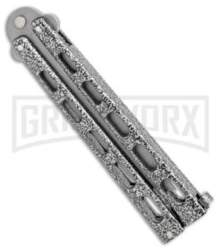 Bear & Son Knives 114A Large Silver Balisong Butterfly Knife - Blasted Tanto -Buck Knives Sales Store Bear Butterfly Tanto Large Silver Vein BB BHQ 0663 jr side large