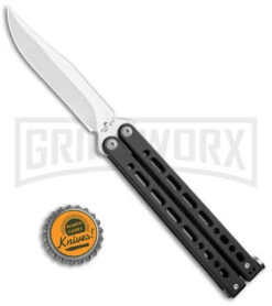 Bear Ops Bear Song VIII Black Butterfly Knife - Clip Point Satin Plain -Buck Knives Sales Store Bear Ops Bear Song VIII Butterfly CP Black Steel Satin BHQ 107303 jr bottlecap large