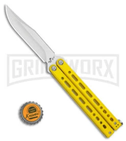 Bear Ops Bear Song VIII Yellow Butterfly Knife - Clip Point Satin Plain -Buck Knives Sales Store Bear Ops Bear Song VIII Butterfly Knife Yellow Clip Point 4.5in Satin B 800 SSYW S BHQ 113965 LS Bottlecap large
