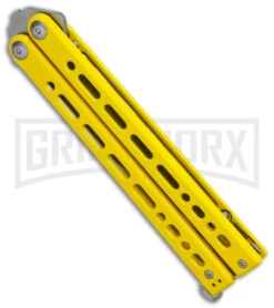 Bear Ops Bear Song VIII Yellow Butterfly Knife - Clip Point Satin Plain -Buck Knives Sales Store Bear Ops Bear Song VIII Butterfly Knife Yellow Clip Point 4.5in Satin B 800 SSYW S BHQ 113965 LS Side large