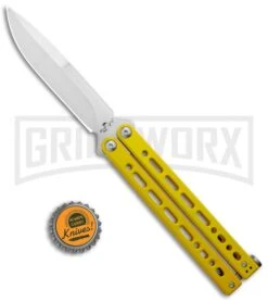Bear Ops Bear Song VIII Yellow Butterfly Knife - Bayonet Satin Plain -Buck Knives Sales Store Bear Ops Bear Song VIII Butterfly Yellow CP Satin B 820 SSYW S BHQ 124145 jr bottlecap large