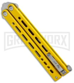Bear Ops Bear Song VIII Yellow Butterfly Knife - Bayonet Satin Plain -Buck Knives Sales Store Bear Ops Bear Song VIII Butterfly Yellow CP Satin B 820 SSYW S BHQ 124145 jr side large