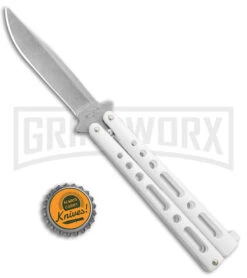 Benchmark White Epoxy Steel Butterfly Knife - Stonewash Plain -Buck Knives Sales Store Benchmark Butterfly White SW BHQ 137770 jr bottlecap large