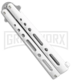 Benchmark White Epoxy Steel Butterfly Knife - Stonewash Plain -Buck Knives Sales Store Benchmark Butterfly White SW BHQ 137770 jr side large