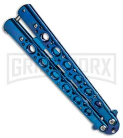 Blue Balisong Trainer Butterfly Knife - Blue Dull -Buck Knives Sales Store Blue Balisong Trainer Butterfly Knife Blue Finish GX 37659 td side large