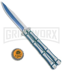 Blue Bone Balisong Drop Point Butterfly Knife - 2 Tone Plain -Buck Knives Sales Store Blue Bone Balisong DP Butterfly TT Plain GX 37371 jr bottlecap large