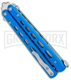 Boker Plus Mini Balisong Blue Skeletonized Trainer Knife - Satin Dull -Buck Knives Sales Store Boker Plus Mini Balisong Trainer Blue Holes G 10 Satin 01BO715SOI BHQ 99636 jr side large