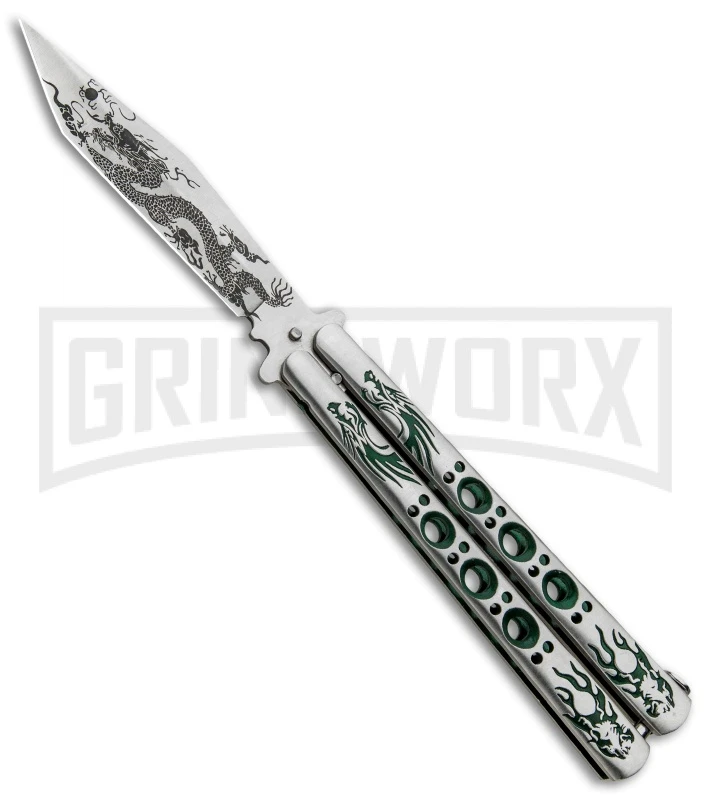 Butterfly Knife Green Dragon Etched Blade - Satin Tanto 1 Butterfly Knife Green Dragon Etched Blade - Satin Tanto