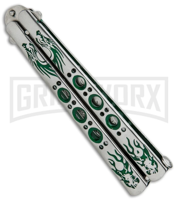 Butterfly Knife Green Dragon Etched Blade - Satin Tanto 3 Butterfly Knife Green Dragon Etched Blade - Satin Tanto - Image 3